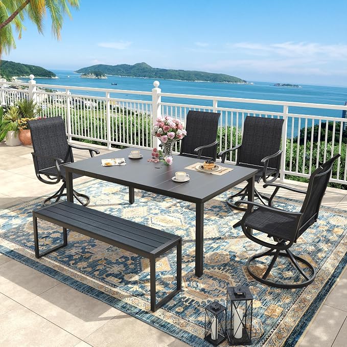 6 Pieces Outdoor Dining Set, Patio Table and Chairs Set with 53" Garden Bench for 6-7 People, 63" Outdoor Dining Table and Swivel Patio Chairs for Deck Backyard, Charcoal and Black