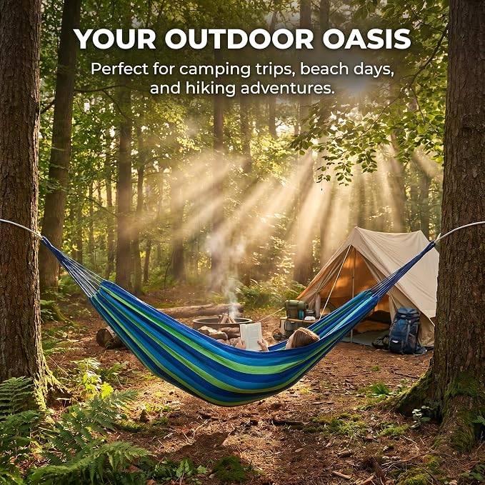 Canvas Hammock 122" Long X 59" Wide 2 Person Hammock 440 pounds Maximum Weight Applicable Scenes in Courtyard Autumn, Indoor Hanging Chairs, Beach Leisure (Blue Green, Full)
