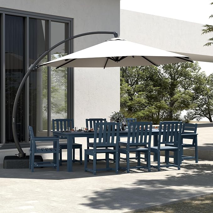 9-Piece Outdoor Dining Set with 11FT Umbrella for 8,Navy Blue | 75.2'' HDPE table, chairs included, weather-resistant furniture with hole, ideal for lawn, poolside, yard, garden, deck