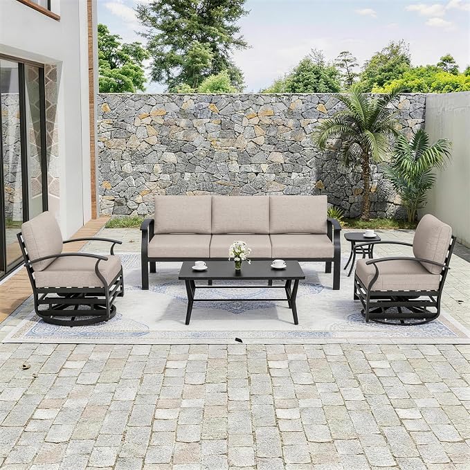 Kurapika Aluminum Patio Furniture Set 5-Seat Modern Outdoor Conversation Sets w/Swivel Rocking Chairs with Rectangular Coffee Table, Sand