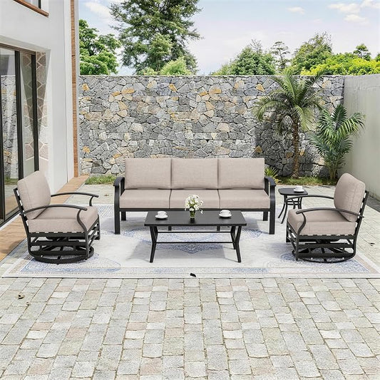 Kurapika Aluminum Patio Furniture Set 5-Seat Modern Outdoor Conversation Sets w/Swivel Rocking Chairs with Rectangular Coffee Table, Sand