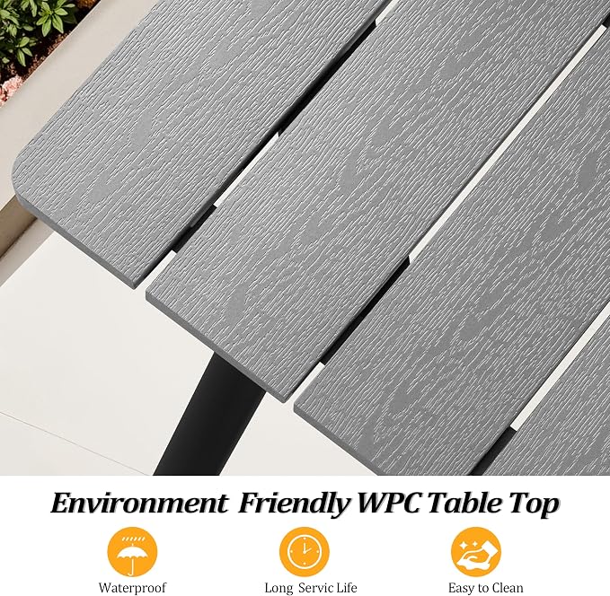 95" Patio Outdoor Dining Table for 8-10, Weather-Resistant Wood-Grain Top with Aluminum Frame & Umbrella Hole for Deck Gatherings, Grey