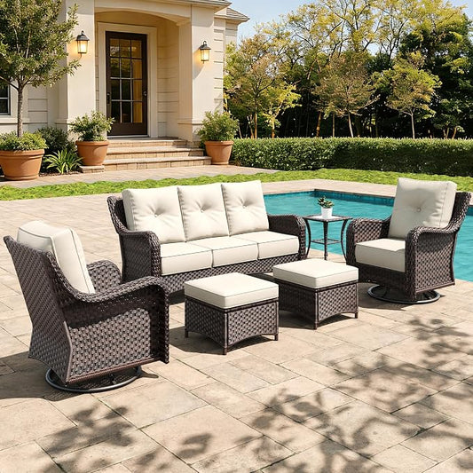 6 Pieces Outdoor Furniture Set with 6-inch Cushions, High Back Wicker Swivel Rocker Chairs with Coffee Table, Luxury Conversation Set for Deck Patio and Poolside