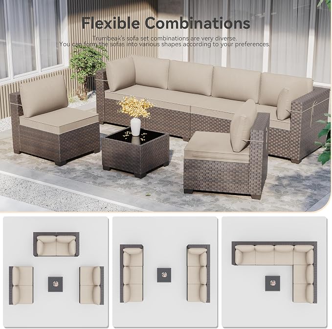 Patio Furniture Set 10 Pieces Wide PE Rattan Sofa Set Outdoor Sectional Furniture,Patio Swivel Chair Sofa Set Patio Conversation Set w/Cushions and Glass Coffee Table,Sand