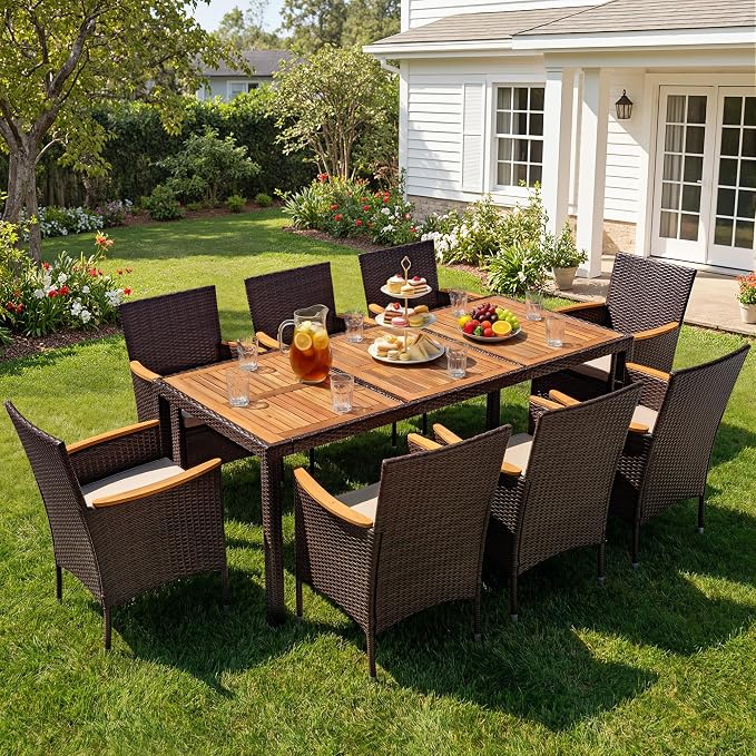 Devoko Outdoor Patio Dining Sets 9 Pieces Wicker Outdoor Dining Table and Chairs Set with Acacia Wood Table Top and Widened Armrests for Backyard, Garden, Deck (Brown)