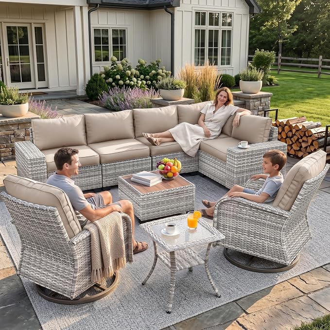 9-Piece Outdoor Patio Furniture Set with Rocking Swivel Chair Wicker Sectional Sofa Set, Patio Conversation Set with Thickened Cushions & Coffee Table for Garden, Backyard, Poolside, Beige