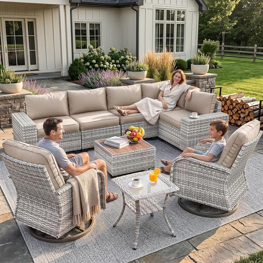 9-Piece Outdoor Patio Furniture Set with Rocking Swivel Chair Wicker Sectional Sofa Set, Patio Conversation Set with Thickened Cushions & Coffee Table for Garden, Backyard, Poolside, Beige