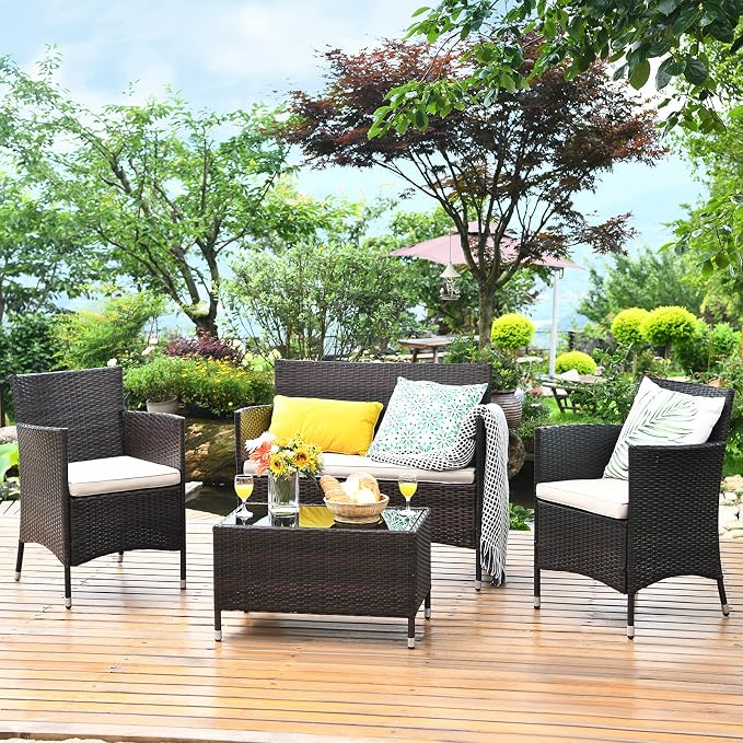 COSTWAY 4PCS Rattan Patio Furniture Set | Outdoor Wicker Rattan Chairs with Coffee Table, Rattan Cushioned Conversation Set for Backyard Balcony Porch Poolside, Brown