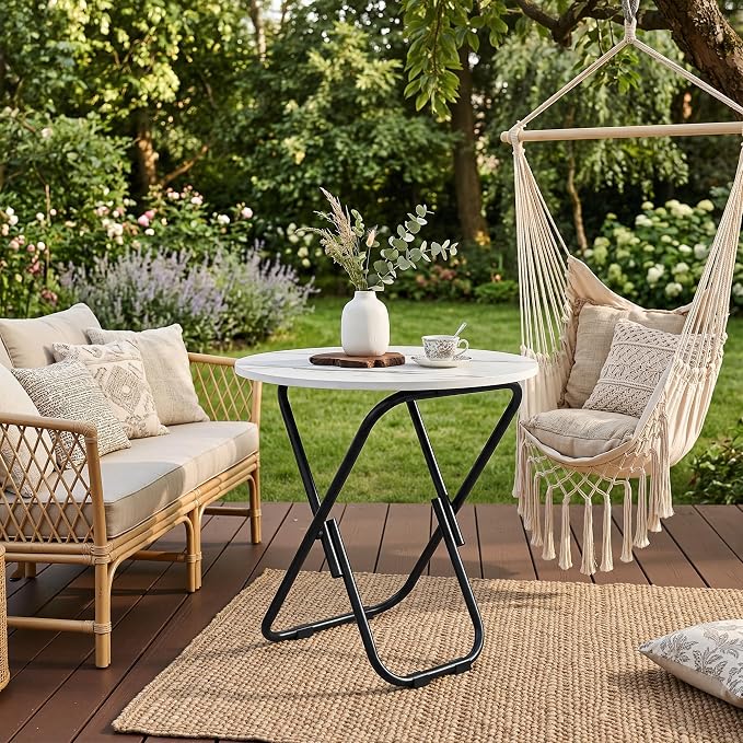 VECELO Patio Outdoor Side Table Set of 2,17.7 inch Small Folding Table Round Waterproof Wood Table,Foldable Anti-Rust Metal Legs Snack Desk for Garden Balcony,Yard,Living Room