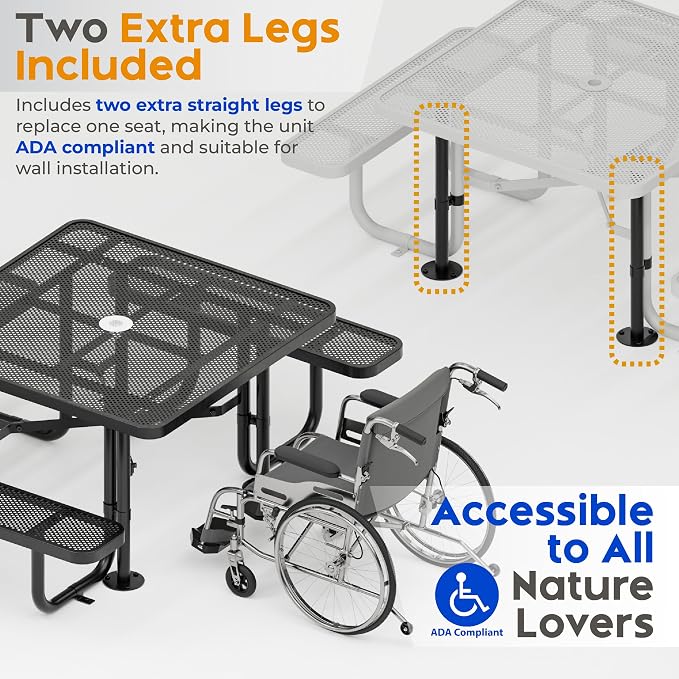 Metal Picnic Tables for Outdoors with Umbrella Hole - Coated Steel Heavy Duty Commercial Grade Furniture (Black, 46 in, Square, Punched Steel)
