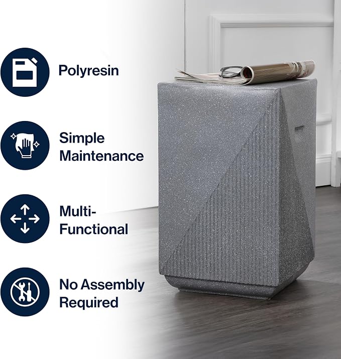 JONATHAN Y Adrian Polyresin Outdoor Side Table and Garden Stool, 21" Weather Resistant Geometric Fluted Accent Table for Patio, Porch, Deck, Gray Terrazzo TBL1104B