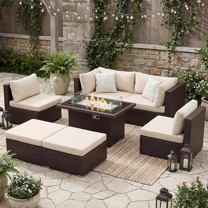 BULEXYARD 7 Piece Highback Patio Furniture Set with Fire Pit Table, Modern Modular Outdoor Sectional Couch Sofa with Ottoman, 6-Person Backyard Seating for Outside, Deck, Brown Wicker & Beige Cushion