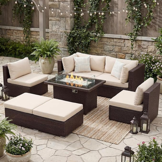 BULEXYARD 7 Piece Highback Patio Furniture Set with Fire Pit Table, Modern Modular Outdoor Sectional Couch Sofa with Ottoman, 6-Person Backyard Seating for Outside, Deck, Brown Wicker & Beige Cushion