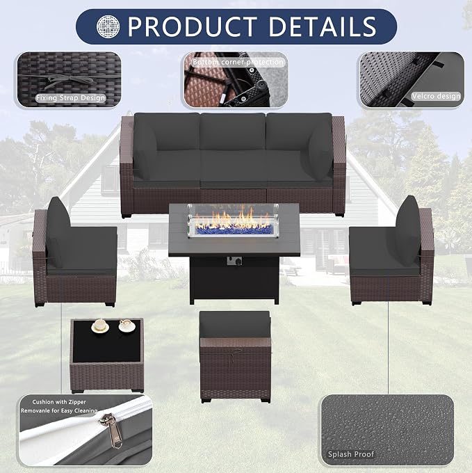 Outdoor Terrace Furniture Set, 8 Piece Outdoor Furniture Set, with 43 inch Aluminum 55000 BTU Propane fire Pit, PE Willow Vine Terrace Dialogue Set - Grey.