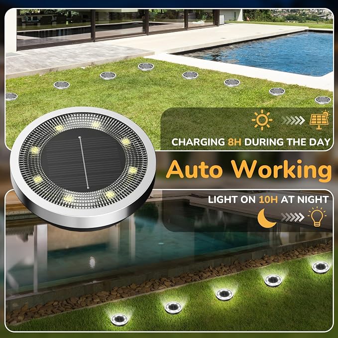 INCX 16Pack Solar Ground Lights Outdoor, 8 LED, IP65 Waterproof, Cold White | 600mAh Ni-MH battery, 8-10h runtime, stainless steel, ABS and PP body, solar garden lights for pathways, lawns and driveways