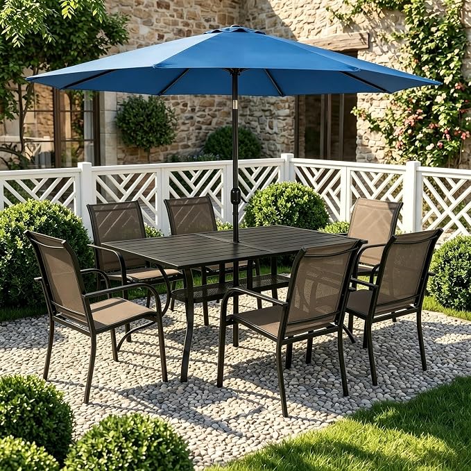 Crownland 7 Piece Patio Dining Set, Textilene Dining Sets, 6 Textilene Metal Chairs and Rectangular Outdoor Dining Table with Sky Blue 9FT Round Outdoor Umbrella (Brown)