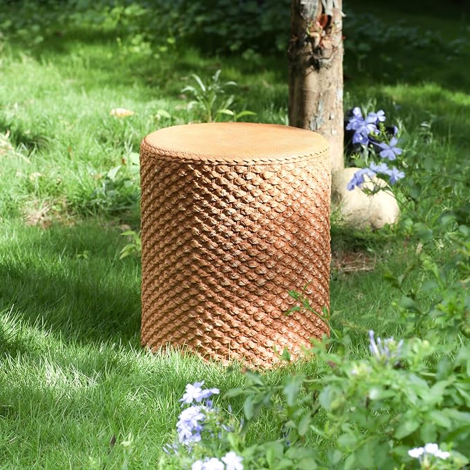 Christopher Knight Home Nataly 17.25" H Small Outdoor Side Table, Cylinder Shaped Carved Garden Stool, Lightweight Concrete End Table, Patio Decorative Home Stool for Balcony Poolside Backyard, Brown