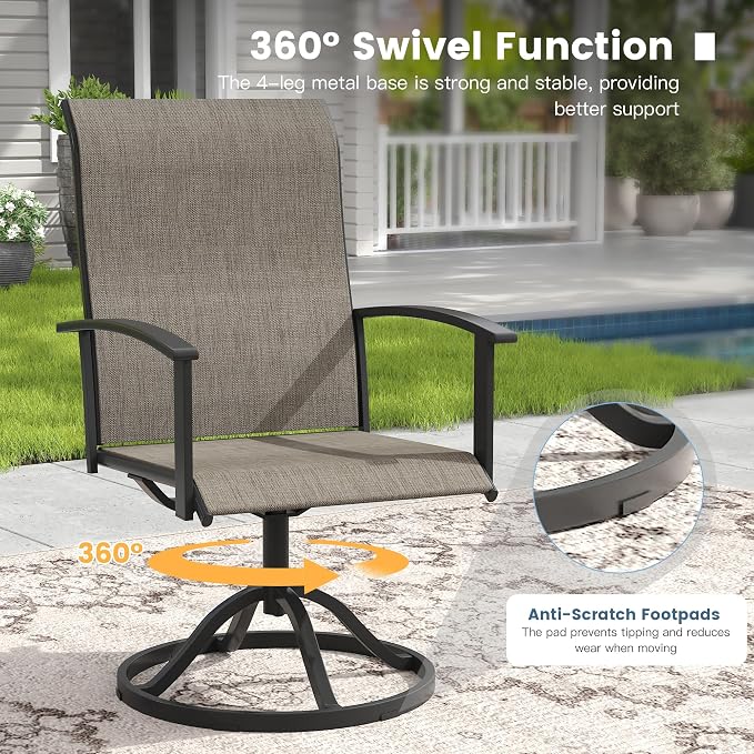DIFY 7 Pieces Outdoor Dining Set for 6, 50" Walnut Round Metal Table with Umbrella Hole and Brown Textilene Swivel Patio Chairs, Patio Table and Chairs Set for Garden, Backyard, Poolside