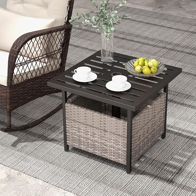 Tangkula Outdoor Table with Umbrella Hole, Rattan Umbrella Stand Table, Wicker Outside Side Table with Steel Metal Frame, Patio Bistro Table for Deck Garden Pool Yard, 22 x 22 x 18.5 Inch (Grey)