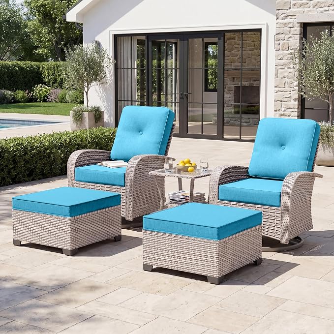 5-Piece Patio Furniture Set, Outdoor Swivel Rocking Chairs Set with Ottomans,All Weather Conversation Set for Porch Poolside Balcony,Cyan