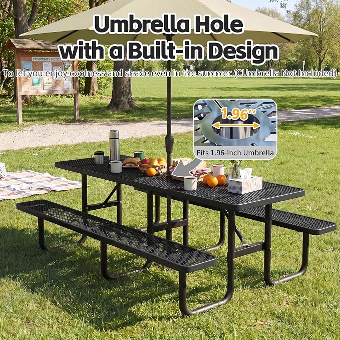 96" Rectangular Metal Picnic Table, Commercial Steel Picnic Tables with 1.96" Umbrella Hole, Heavy Duty Picnic Tables for Outdoor Garden Courtyard BBQ, Black