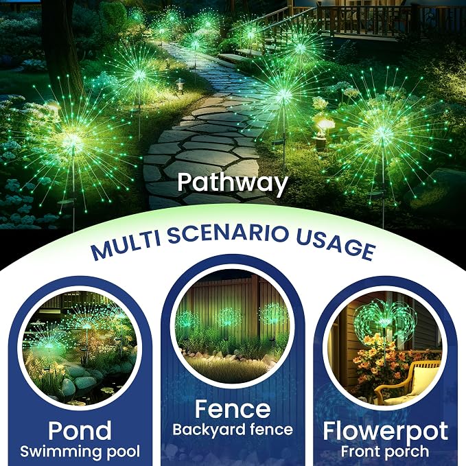 GIGALUMI 2 Pack Solar Firework Lights Outdoor, Halloween Decor, Green | 120 LEDs, Fairy Design, Waterproof, Garden Decor, Solar Powered for Yard, Pathway, Flowerbed, Planter, Balcony, Gifts for Mom