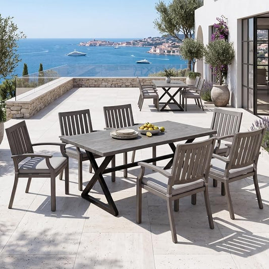 7 PCS Indoor Outdoor Patio Dining Furniture Set, Rectangular Wood Grain Pattern Table, 6 Aluminum Frame Chairs with Removable Thick Cushions, Ideal for Home, Apartment, Courtyard, Lawn, Poolside,Gray