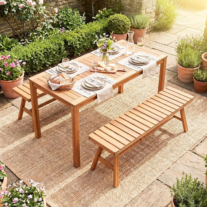 HAPPYGRILL Acacia Wood Patio Dining Table for 4-6, Outdoor Table with Slatted Tabletop, Rectangular Outside Table for Garden Balcony Deck