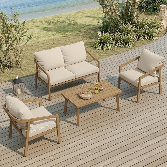 4 Pieces Outdoor Sofa Set, Never-Rust Aluminum Patio Conversation Set with Removable Cushions, Patio Furniture Set with Patio Loveseat, 2 Sofa Armchairs and Coffee Table for Pool, Deck, Teak