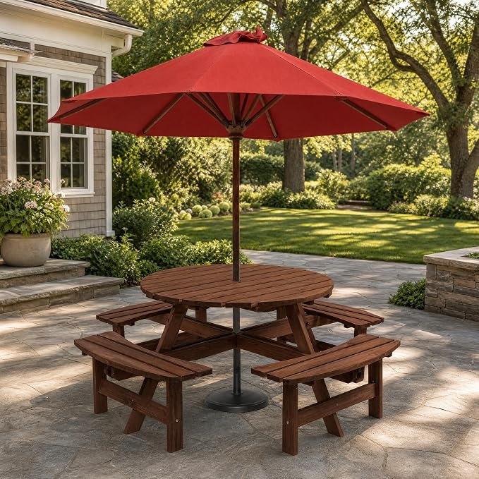 8 Person Picnic Table Round Outdoor Dining Table with Umbrella Hole,4 Built-in Benches,Wooden Outside Picnic Tables and Bench Set for Garden,Patio, Backyard,2220LBS Total Capacity,Walnut Brown