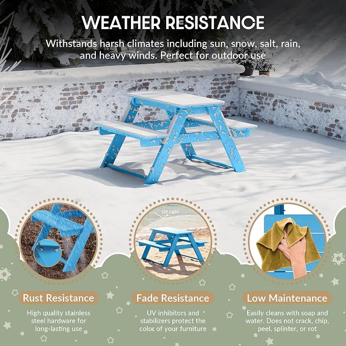WestinTrends Malibu Outdoor Patio and Indoor Kids HDPE Plastic Picnic Bench Table, Pacific Blue