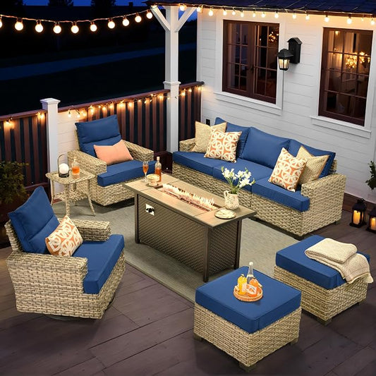 9 Pcs Outdoor Sectional Patio Furniture Set with Fire Pit Table and Swivel Rocking Chairs - All Weather Wicker Modular Outside Sectional Couch,Patio Seating Outdoor Conversation Sets,Navy Blue