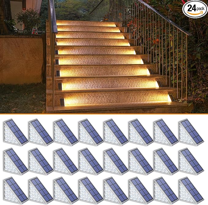Outdoor Step Light,24 Pack Warm White Solar Stair Lights Outdoor Waterproof IP67 Auto On Off,Solar Lights for Steps,Stair,Patio,Yard,Porch,Front Door,Sidewalk,Deck Decor