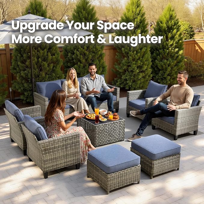 8 Piece Wicker Patio Furniture Set with Solar Table, Denim Blue | Outdoor Deep Seating Sofa Chair Ottoman, Solar Lights Table, All Weather Rattan, Modern Conversation Set, Porch Deck Backyard