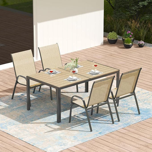 PIZZELLO 5-Piece Outdoor Dining Set Patio Dining Set for 4 Outdoor Table and Chairs All Weather Outdoor Patio Set w/Stackable Patio Chairs and HDPE Table for Backyard, Garden and Poolside, Khaki