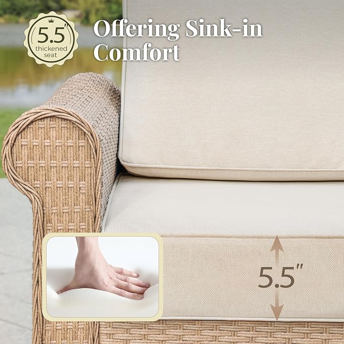 MIXPATIO Patio Furniture Set, Wicker Outdoor Furniture Sectional Sofa with Fire Pit Table, 7 Seats Patio Conversation Set with 5.5" Thick Cushion for Garden Deck Backyard, Beige