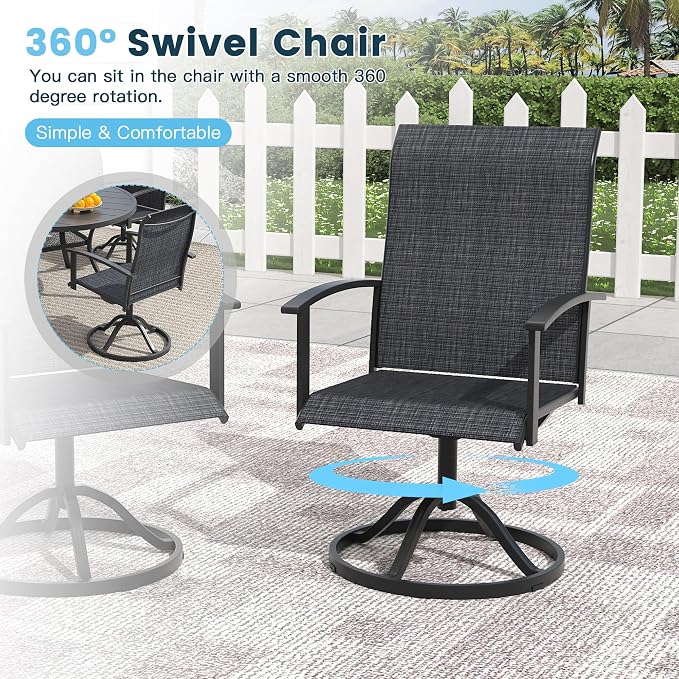 7 Pieces Outdoor Patio Dining Table Set, 53" All Weather Round Metal Table with Umbrella Hole and 6 High Back Textilene Swivel Chairs for Garden, Lawn, Poolside, Black