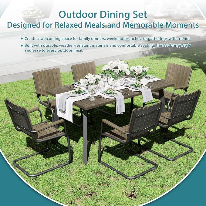 7 Piece Outdoor Conversation Set for 6, HDPE Patio Seating Set with Table and Chairs, All-Weather Outdoor Lounge Furniture with Umbrella Hole for Garden, Porch, Poolside, Gray