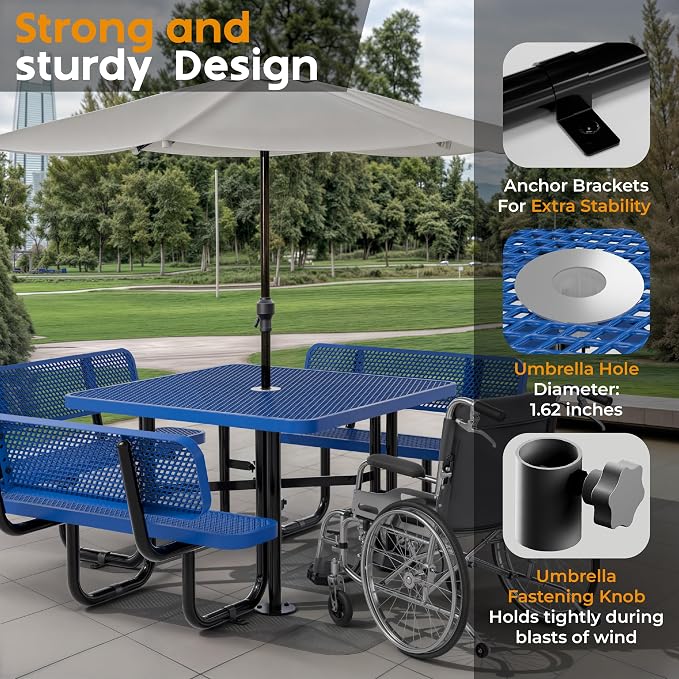 Metal Picnic Tables for Outdoors with Umbrella Hole - Coated Steel Heavy Duty Commercial Grade Furniture (Blue, 46 in, Square with Back, Expanded Steel)