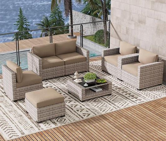 LOUVIXA 7 Piece Outdoor Patio Furniture Set, Rattan Chairs Glass Table Wicker Conversation Seating Sectional Sofa with Cushions (Grey White-Camel, 7Pcs-2 Layer Coffee Table)