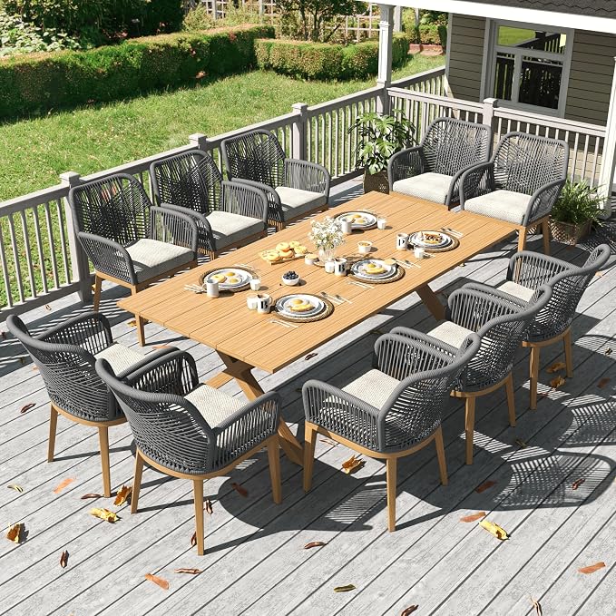LayinSun Outdoor Dining Set for 10, 11 Pieces Patio Furniture Sets with Aluminum Dining Table and Rope Weave Chairs
