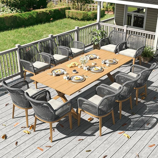 LayinSun Outdoor Dining Set for 10, 11 Pieces Patio Furniture Sets with Aluminum Dining Table and Rope Weave Chairs