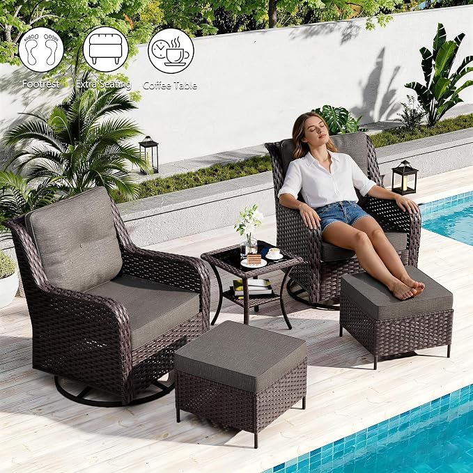 7-Piece Patio Furniture Set,Outdoor Conversation Sets w/Glass Table&High Back Wicker Swivel Rocker Chairs,All-Weather Wicker Sectional Sofa for Deck,Yard and Poolside,Grey