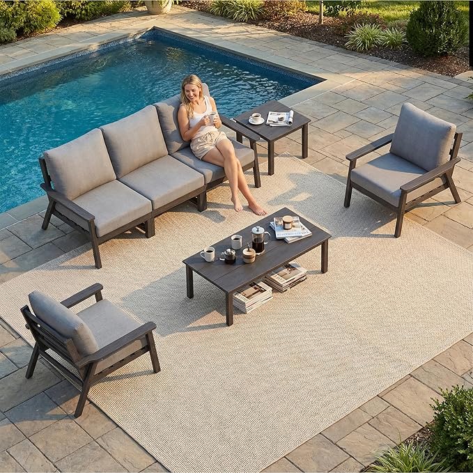 LOUNZY HDPE Outdoor Furinture Set, 7 Piece Sectional Sofa Patio Furniture Set, All Weather Outdoor Couch Set Patio Furniture Set for Deck, Lawn, Black