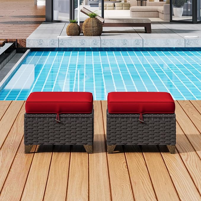 2 Pieces Patio Outdoor Ottomans with Removable and Washable Covers，PE Rattan Wicker Footstools for Porch, Garden, Sunroom (Red)