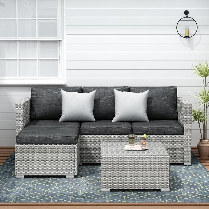 Suntone 3 Pieces Patio Furniture Sets Outdoor Sectional Patio Sofa All-Weather Grey Wicker Sofa Small Patio Conversation Set Patio Couch with Washable Black Cushion and Glass Table