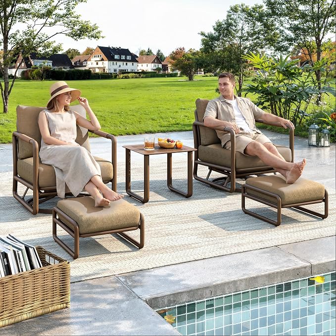 5-Piece Outdoor Swivel Rocker Set with Ottomans, Aluminum Frame & 6.5" Thick Cushions, 380LBS Capacity & Side Table for Porch, Backyard