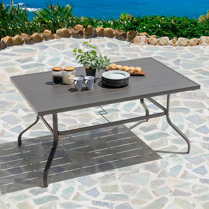 NUU GARDEN Outdoor 61" x 37" Rectangle Dining Table with 1.57" Umbrella Hole, 6-Person Steel Slat Outdoor Patio Table, for Patio, Garden, Backyard and Balcony, Gray