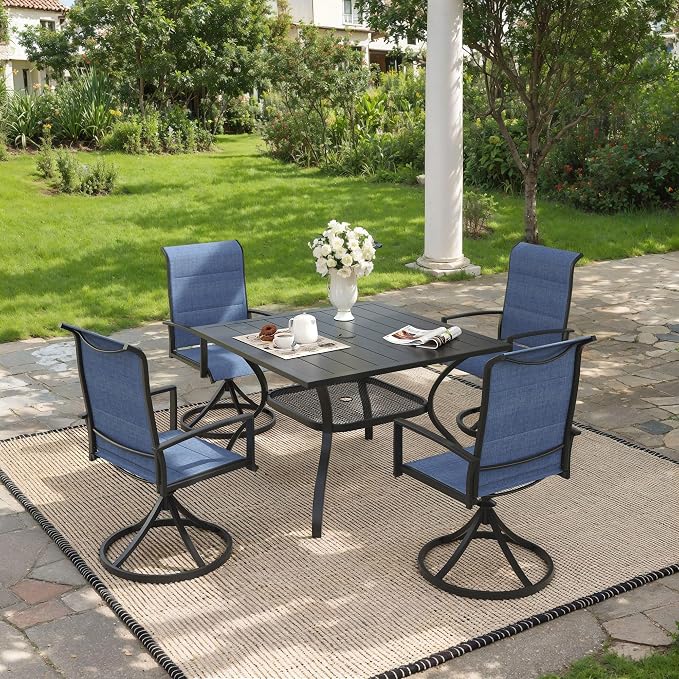 VICLLAX 5 PCS Outdoor Dining Set, Patio Furniture Set Includes 38" Square Metal Table w/ 1.9" Umbrella Hole and 4 Padded Textilene Swivel Chairs for Lawn, Porch, Garden, Backyard