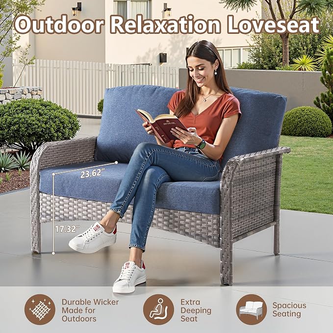 6 PCS Outdoor Patio Furniture Set with Glass Table, All-Weather Rattan Wicker Outdoor Conversation Set with Thickened Cushions for Balcony Backyard Garden Lawn,Blue